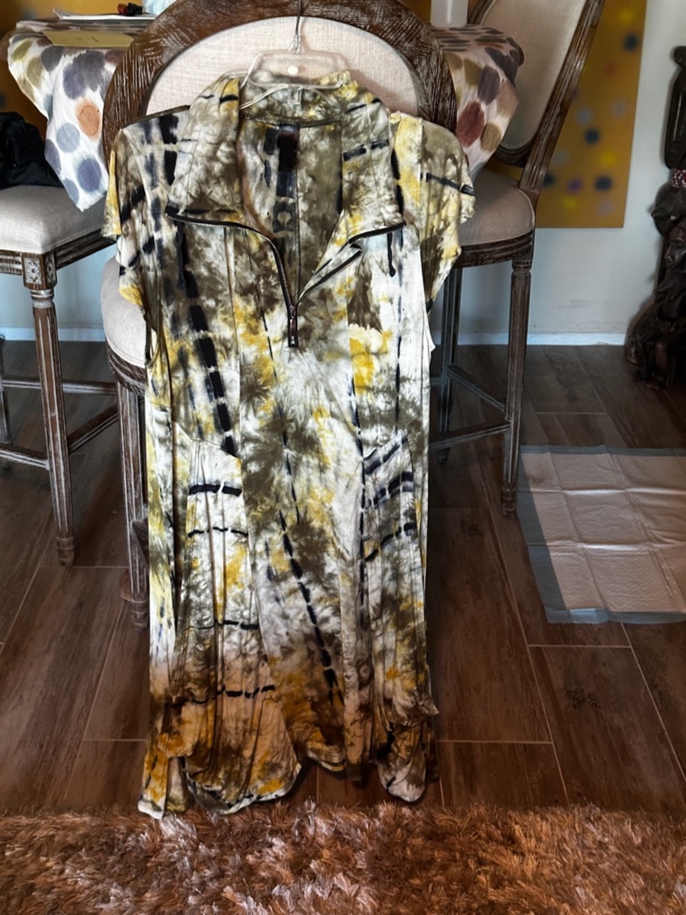 Tie-Dye Short Sleeve Zip Front Dress in Yellow, Black, Green & Cream
